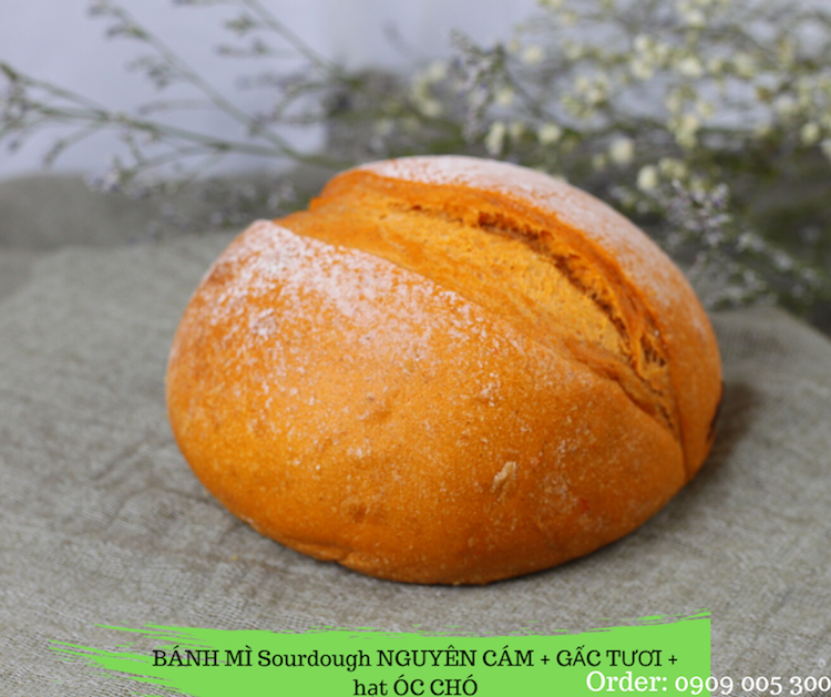 Bánh mỳ gấc hạt óc chó nguyên cám, men nuôi tự nhiên