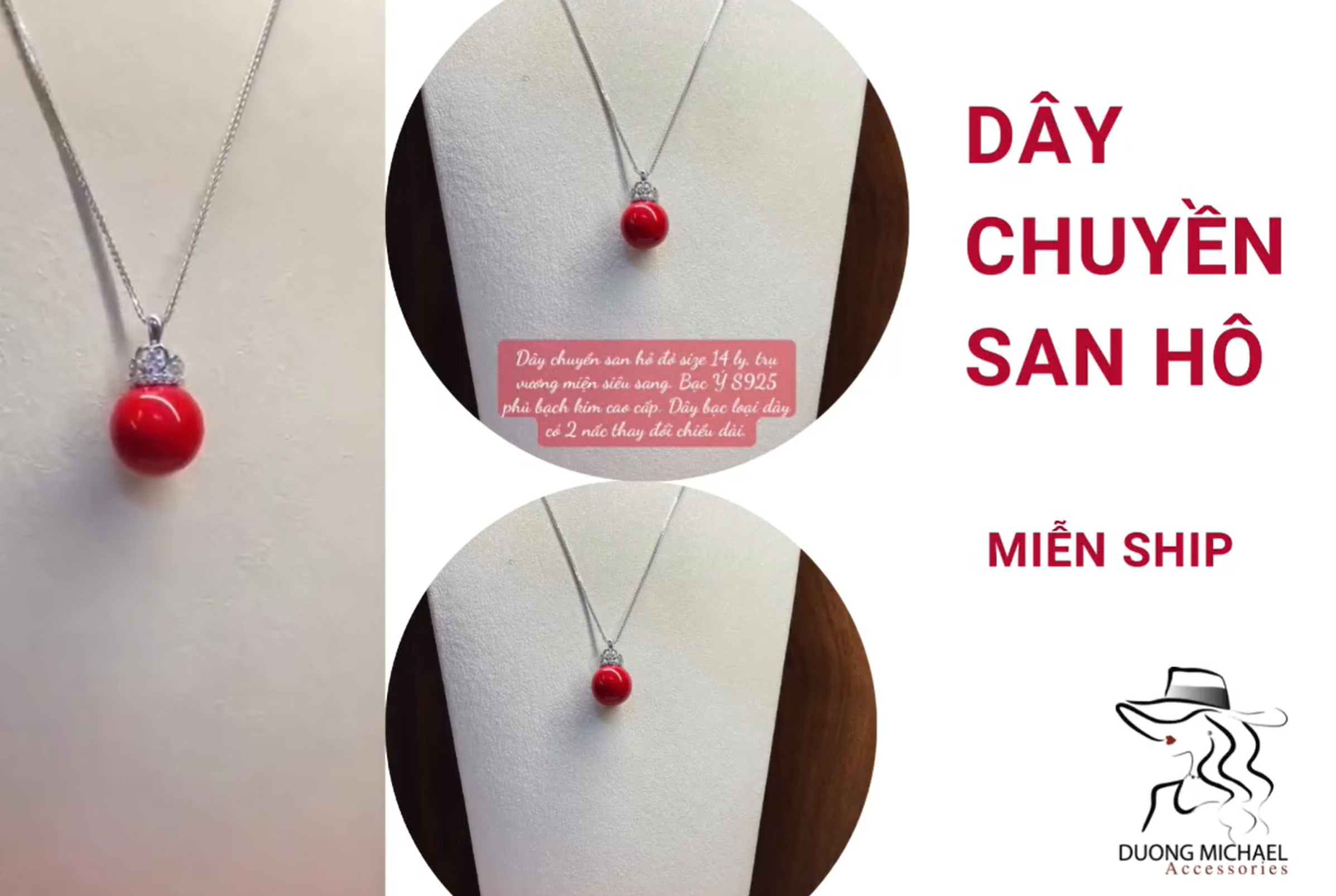 Dây chuyền San hô đỏ tự nhiên, 14ly